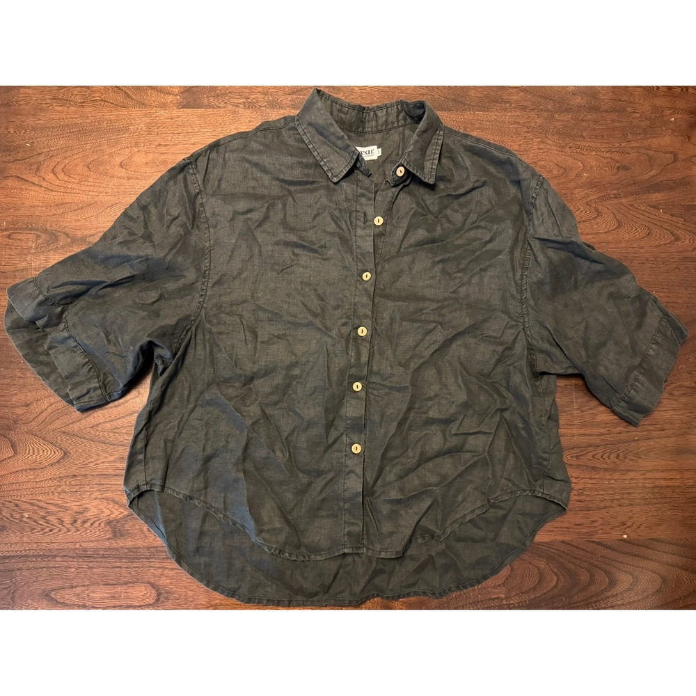 I Love Linen Ruby Shirt Button Front 3/4 sleeve S / M Black Lagenlook Minimalist